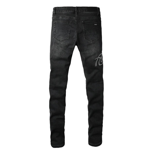 Amiri Black Rhinestone Distressed Slim Denim