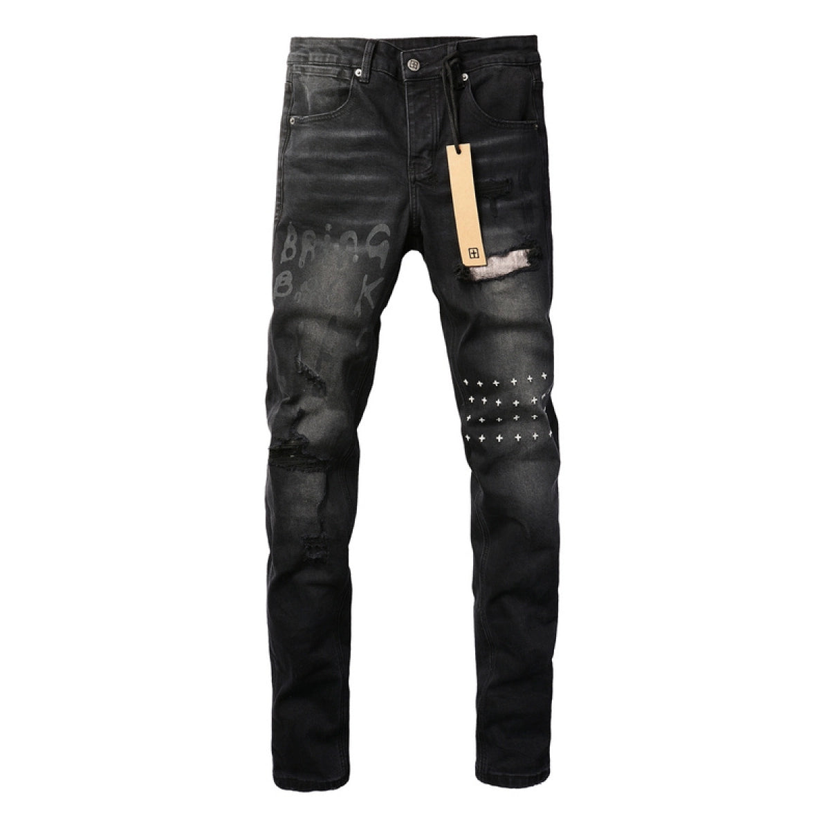 Ksubi Black Distressed Cross Patch Slim Denim