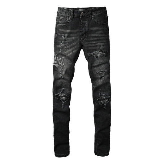 Amiri Black Rhinestone Distressed Slim Denim