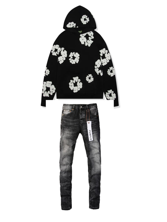 Denim Tear Hoodie Black + Purple Jeans