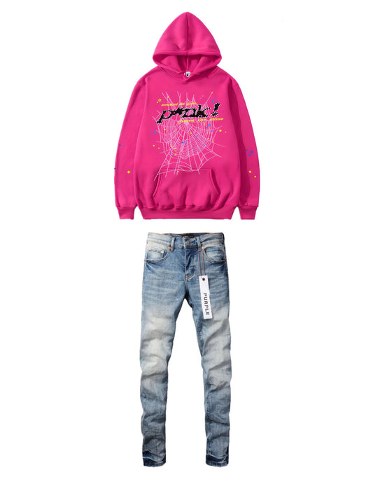 Pink Sp5der Hoodie + Purple Jeans Bundle