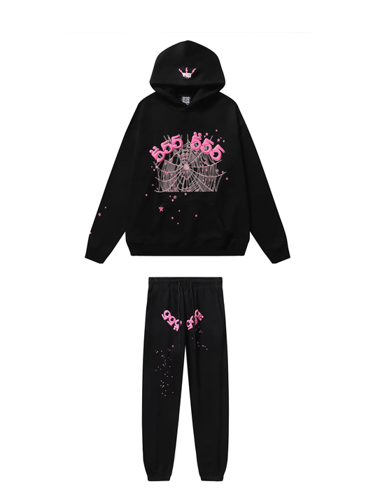 Sp5der Hoodie & Sweatpant Set Black and Pink